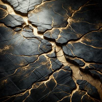 The primary subject of the image is a cracked, broken, and shattered surface, possibly a piece of wood or a stone. The setting is a dark room, and the visual style appears to be a combination of a photo and digital art. The colors and mood of the image are predominantly dark and moody, with the light shining through the cracks creating a dramatic effect.